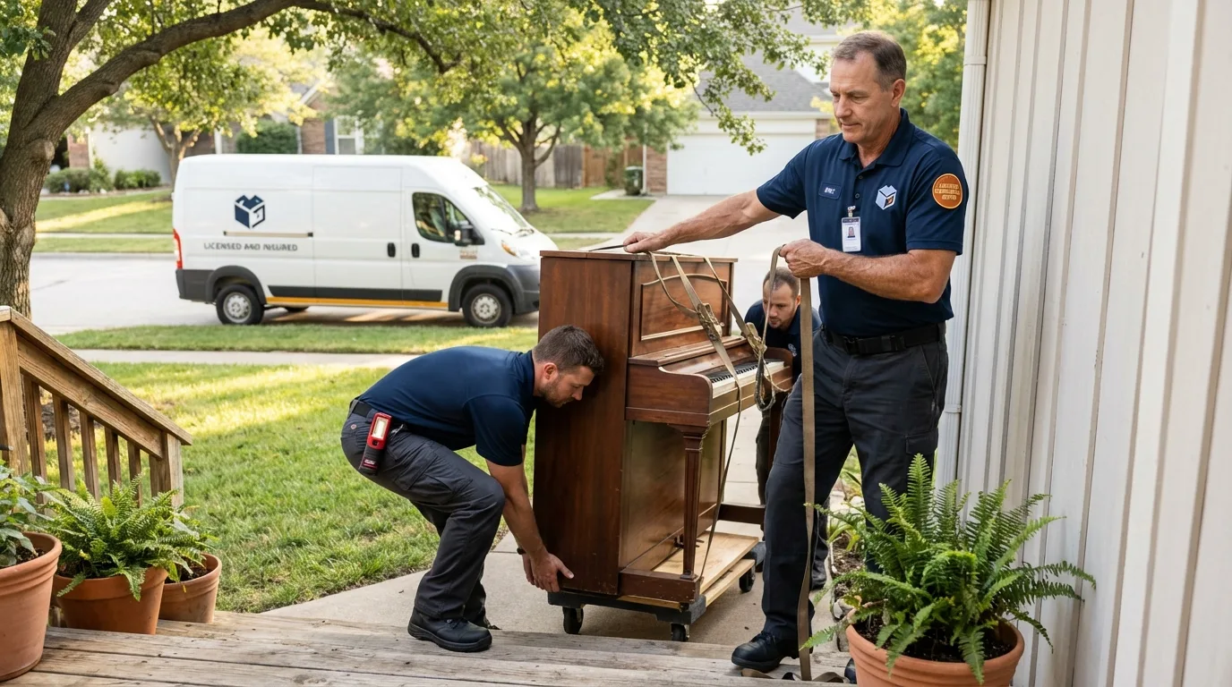 Licensed piano movers securing grand piano in Hackberry, LA