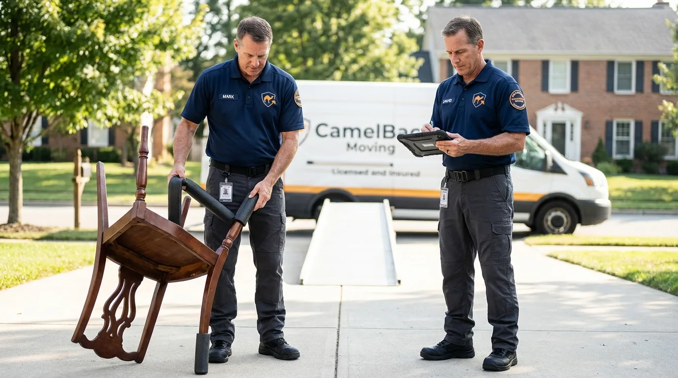 Movers inspecting furniture for damage prevention before loading in Hackberry, LA