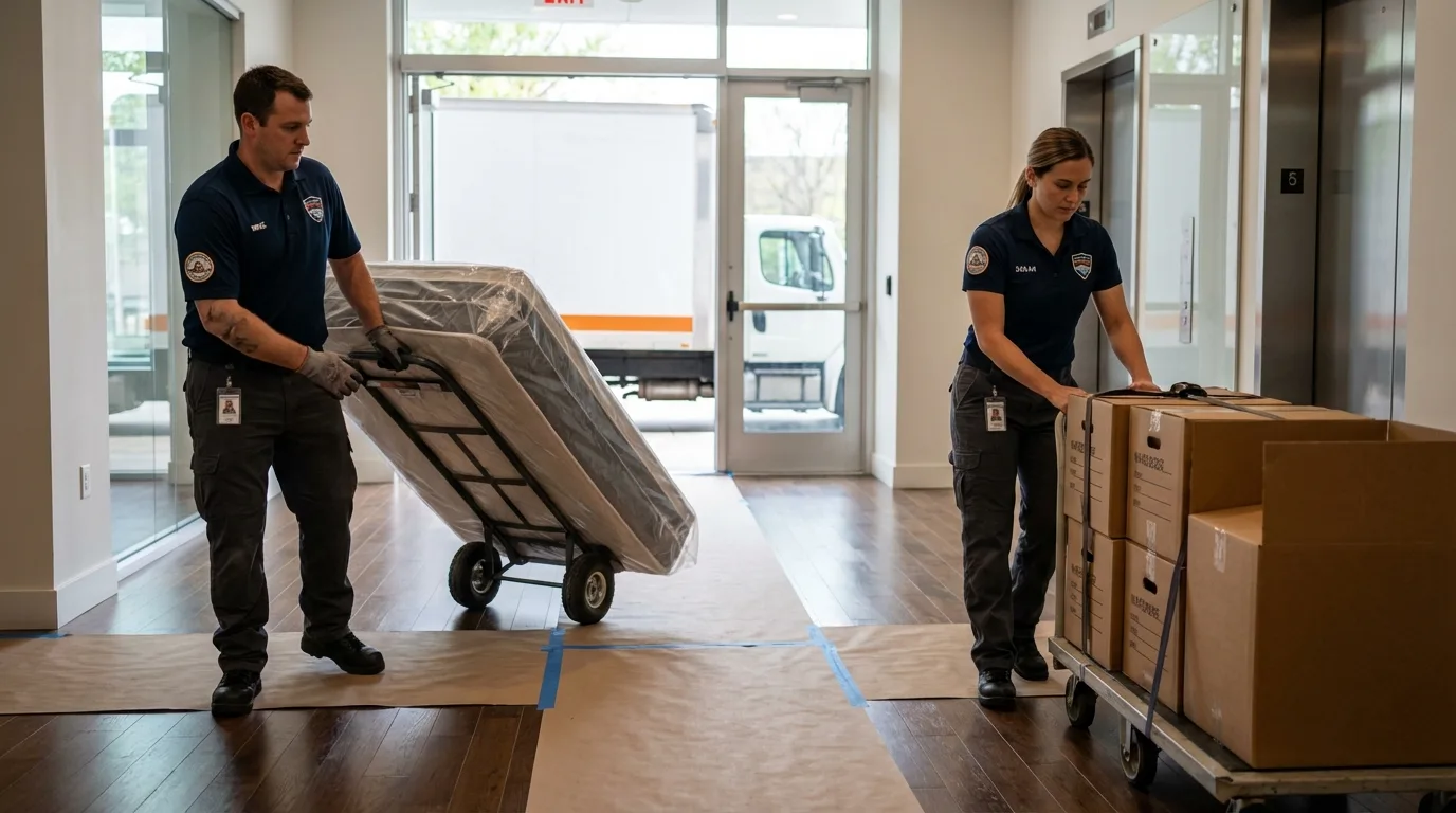 Professional apartment movers loading elevator in Hackberry, LA