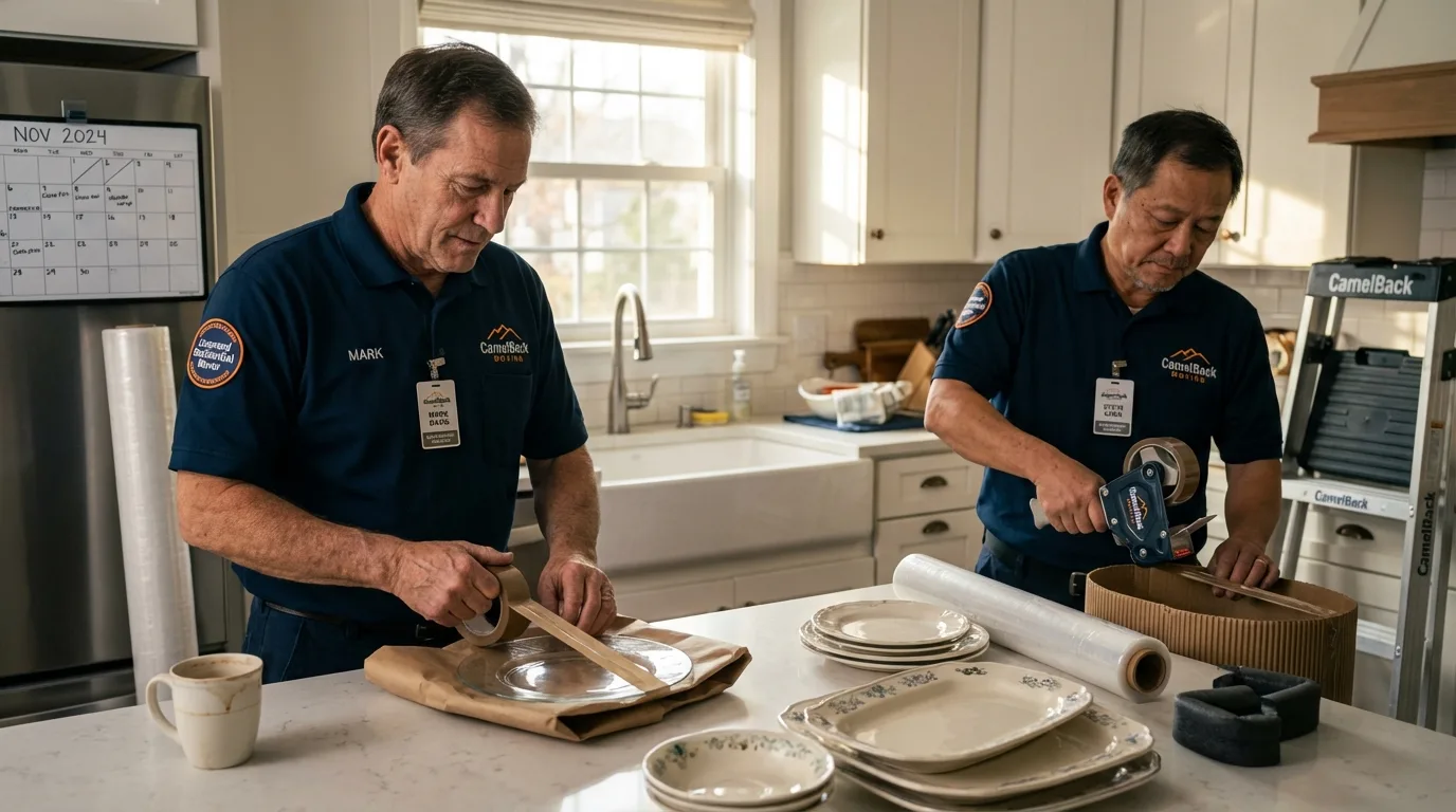 Professional crew packing kitchen dishware in Hackberry, LA